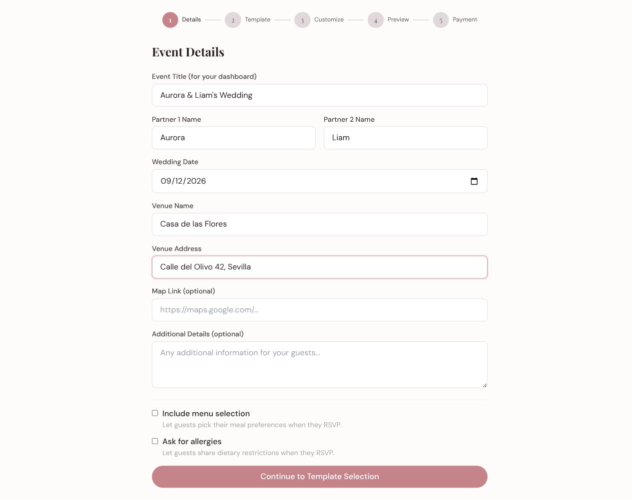 Event details form with couple names, date, and venue filled in