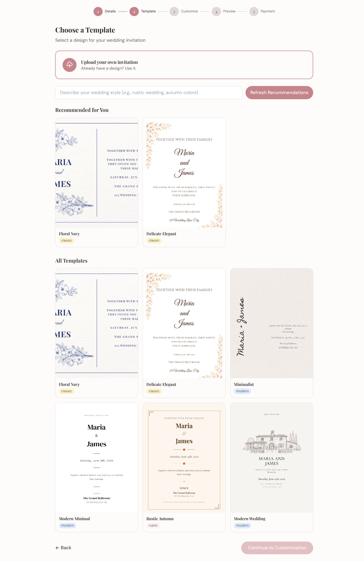 Template gallery showing AI-recommended designs alongside the full template grid