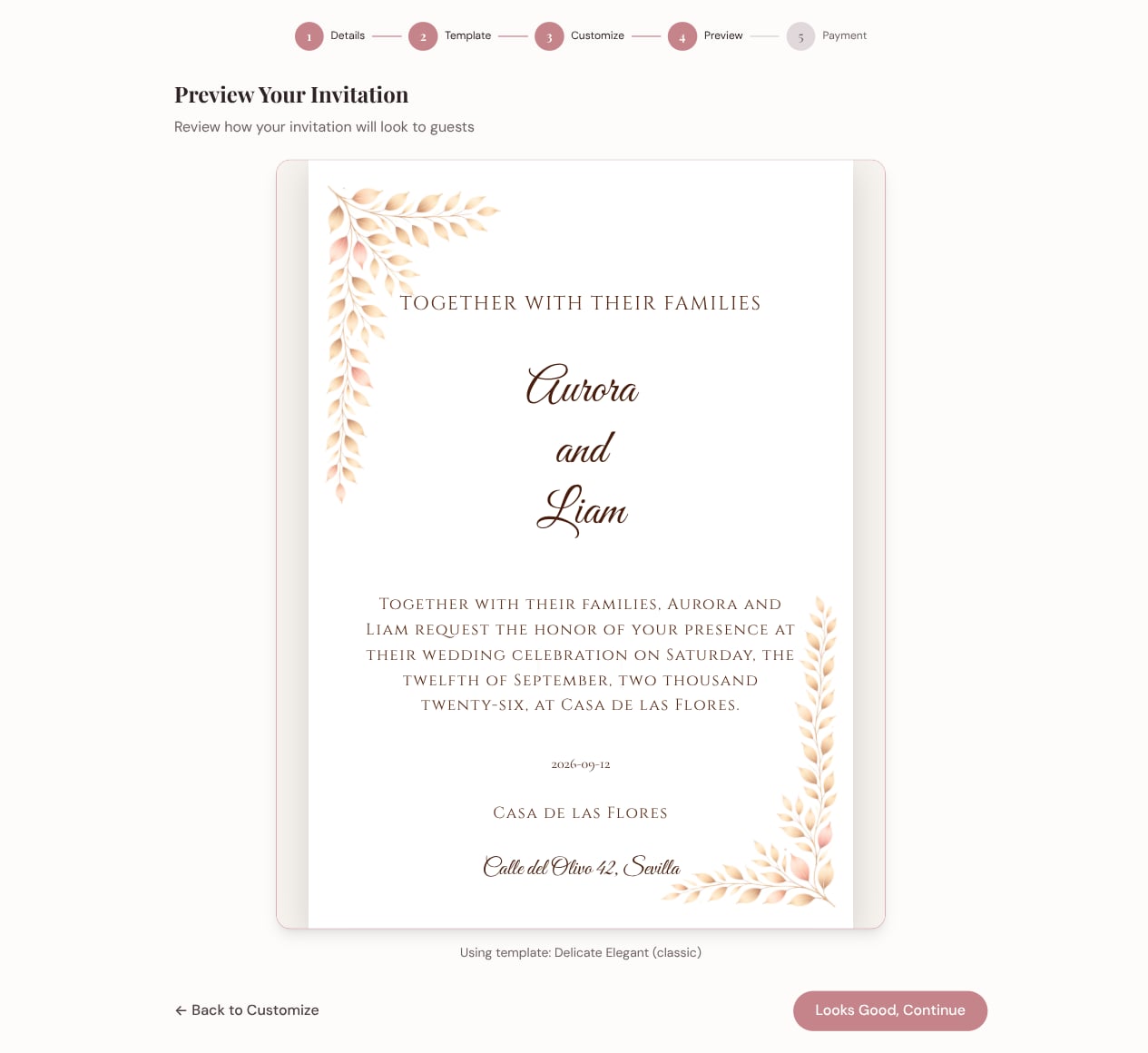 Preview of the finished invitation rendered in the chosen template