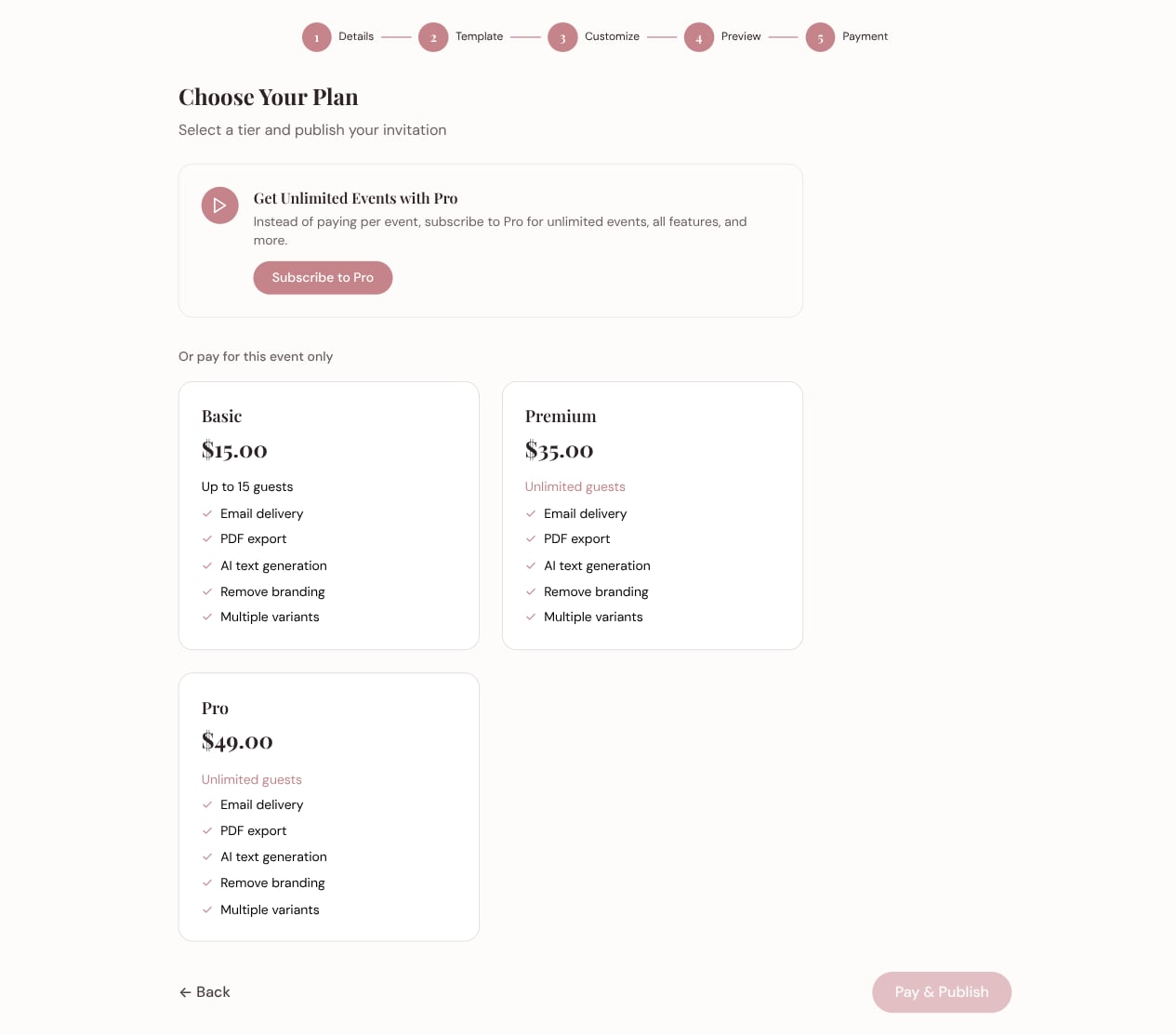 Plan selection screen with single-event tiers and a Pro subscription upsell